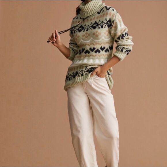 Anthropologie Green Fair Isle Turtleneck Oversized Winter Holiday Sweater XS - Picture 3 of 9
